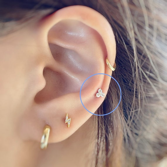 14k Solid Gold Trinity CZ Labret Piercing single Dainty Trinity