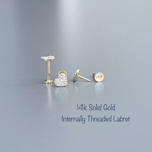 18g 14k Solid Gold CZ Heart Internally Threaded Labret Piercing (Single), 14k Solid Gold Piercing Tragus, Mid Cartilage, Helix, Nose