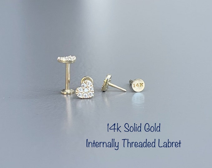 18g 14k Solid Gold CZ Heart Internally Threaded Labret Piercing (Single), 14k Solid Gold Piercing Tragus, Mid Cartilage, Helix, Nose