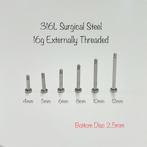 May include: Six surgical steel nose studs in various lengths, 4mm, 5mm, 6mm, 8mm, 10mm, and 12mm. The studs are externally threaded and have a 2.5mm bottom disc. 316L Surgical Steel 16g Externally Threaded