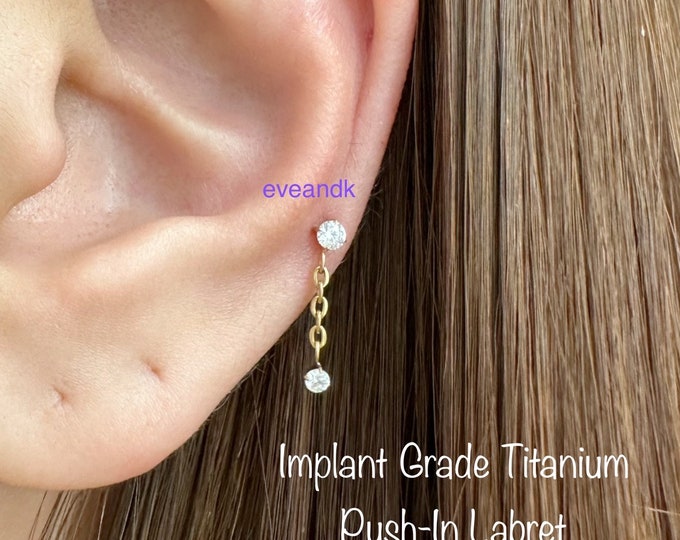 20g 18g 16g Dainty CZ Dangle Threadless Push In Titanium Labret, ASTM F-136 Implant Grade Titanium Nickel Free Hypoallergenic