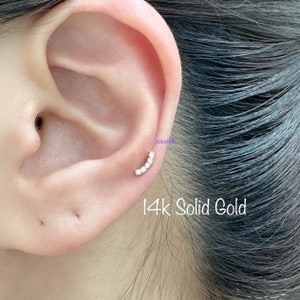 18g 14k Solid Gold Curved Bar with CZ Internally Threaded labret, Dainty CZ Curved Bar for Tragus, Mid Cartilage, Helix, Cartilage piercing
