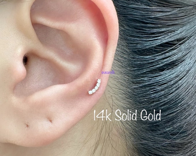 18g 14k Solid Gold Curved Bar with CZ Internally Threaded labret, Dainty CZ Curved Bar for Tragus, Mid Cartilage, Helix, Cartilage piercing