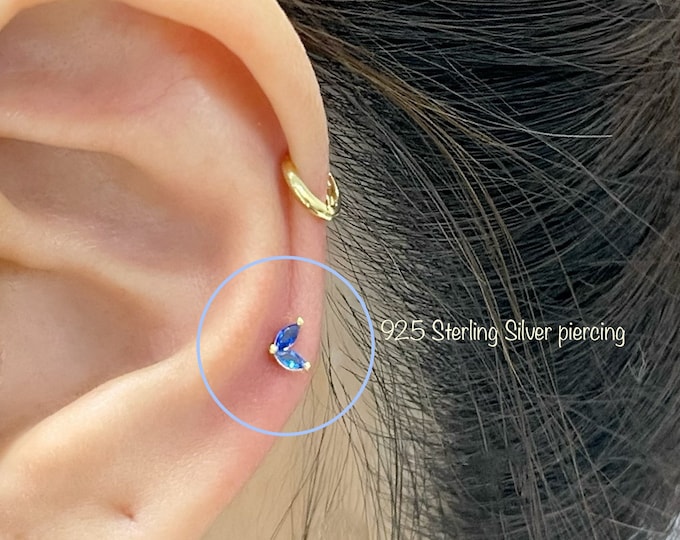 Tiny Double Sapphire CZ Marquise piercing (Single), 925 Sterling Silver Heart CZ cartilage helix tragus conch piercing