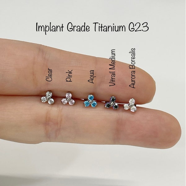 16g CZ Trinity Implant Grade Titanium Internally Threaded Monroe Labret, Dainty three stone Helix Cartilage Tragus piercing