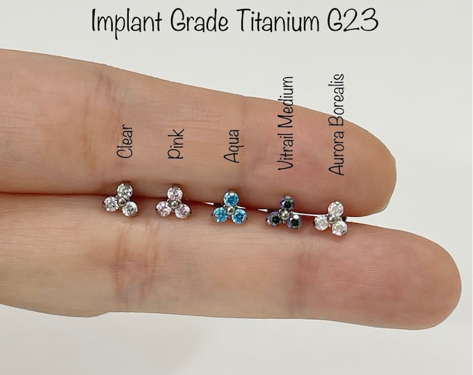 16g CZ Trinity Implant Grade Titanium Internally Threaded Monroe Labret, Dainty three stone Helix Cartilage Tragus piercing