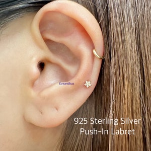 Teeny Tiny 3mm Flower CZ Push-In Threadless Labret, Minimalist 3mm Flower piercing for Cartilage, Helix, Tragus