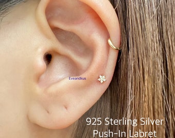 Teeny Tiny 3mm Flower CZ Push-In Threadless Labret, Minimalist 3mm Flower piercing for Cartilage, Helix, Tragus