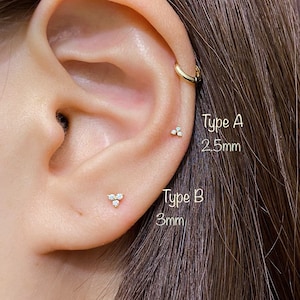 Teeny Tiny Three Stones Piercing (Single), Trinity Minimalist 92.5 Sterling Silver piercing, Mid Cartilage, Helix