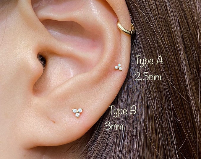Teeny Tiny Three Stones Piercing (Single), Trinity Minimalist 92.5 Sterling Silver piercing, Mid Cartilage, Helix