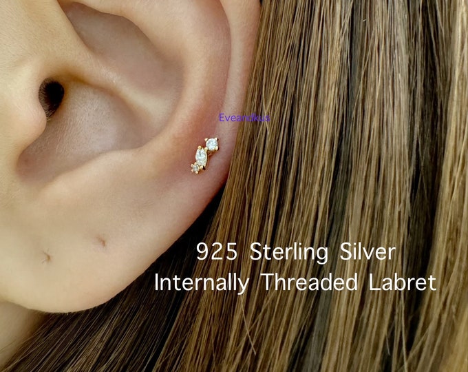 18g Teeny Tiny Milgram CZ boho Internally Threaded Labret, 925 Sterling Silver Cartilage, Tragus, Helix piercing