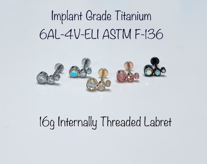 16g Three Climber CZ Implant Grade Titanium Internally Threaded Labret, Conch, Cartilage, Tragus, Helix