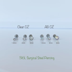 Teeny Tiny CZ Bezel Labret Piercing, 20g 18g 16g 316L Surgical Steel Bezel push in flat back piercing 1.5mm/2mm/3mm Minimalist piercing