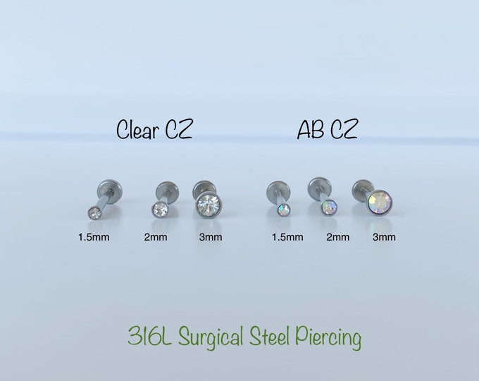 Teeny Tiny CZ Bezel Labret Piercing, 20g 18g 16g 316L Surgical Steel Bezel push in flat back piercing 1.5mm/2mm/3mm Minimalist piercing