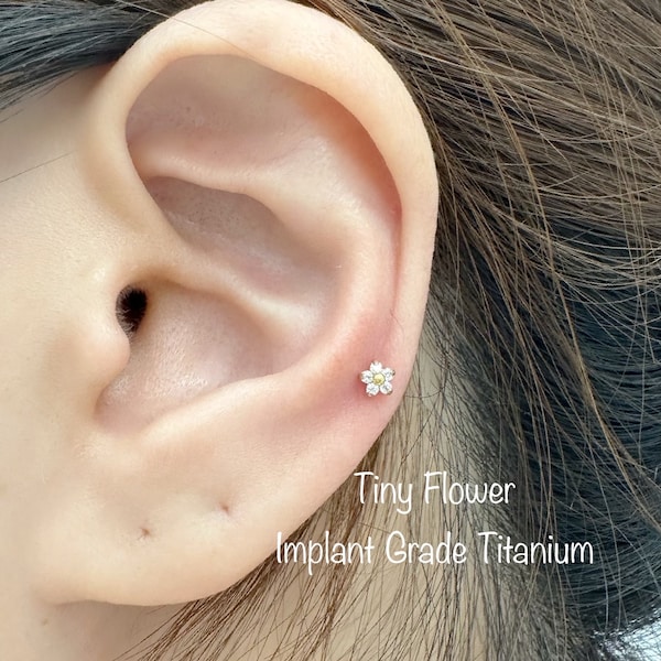 16g Dainty CZ Flower Implant Grade Titanium Internally Threaded Labret, Tiny Flower for Cartilage, Tragus, Monroe, Helix