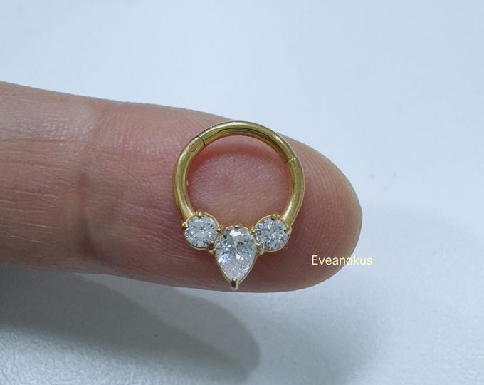 16g Surgical Steel Hinged Septum Ring: Pear & Round CZ Daith Hoop