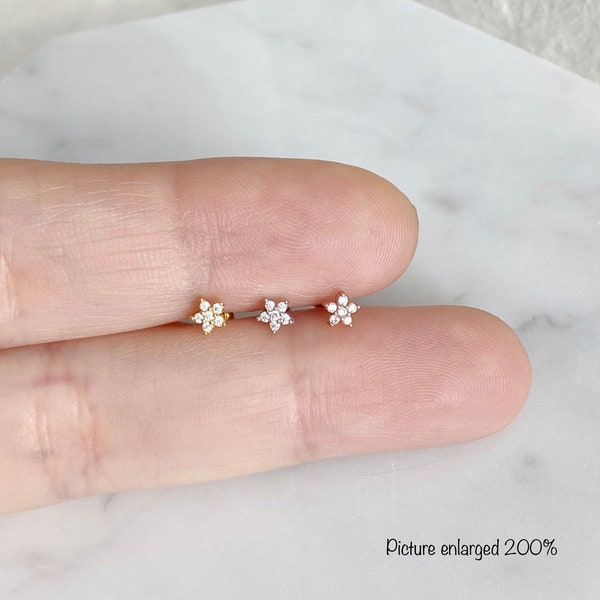 Super tiny flower (Single), 3mm Tiny Flower Ball end piercing, 92.5 Sterling Silver Piercing, Cartilage, Helix, Tragus