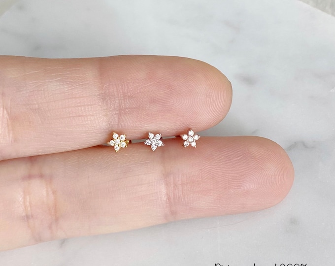 Super tiny flower (Single), 3mm Tiny Flower Ball end piercing, 925 Sterling Silver Piercing, Cartilage, Helix, Tragus