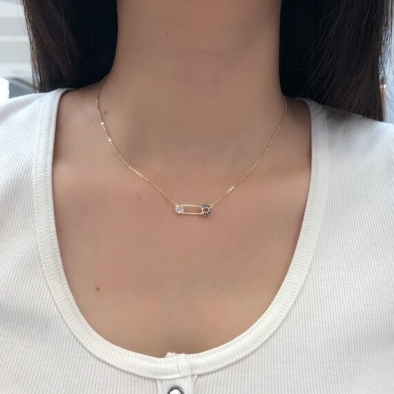 CZ Safety Pin Necklace, Rainbow Safety 