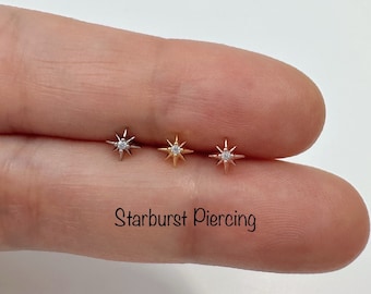 18g 16g Starburst piercing (Single), 316L Surgical steel Bar/Labret - cartilage helix piercing