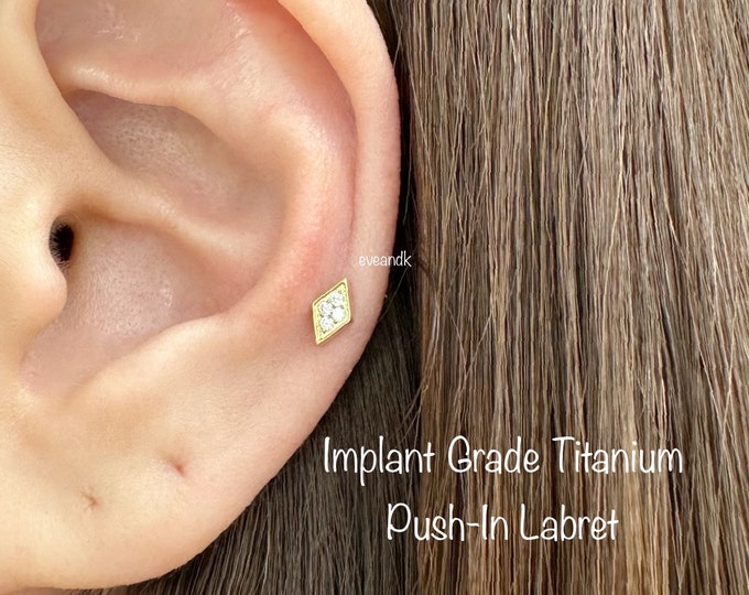 20g 18g 16g  Diamond Shape CZ Push In Threadless Titanium Labret, Grade23 Implant Grade Titanium Nickel Free Hypoallergenic