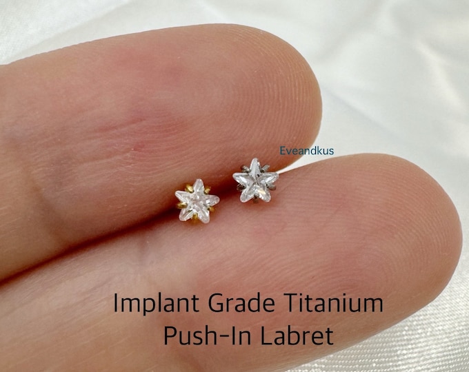 20g 18g 16g Dainty 3mm 4mm Star Push In Prong Setting ASTM-F136 Labret, Tragus, Cartilage, Helix, Nose Piercings