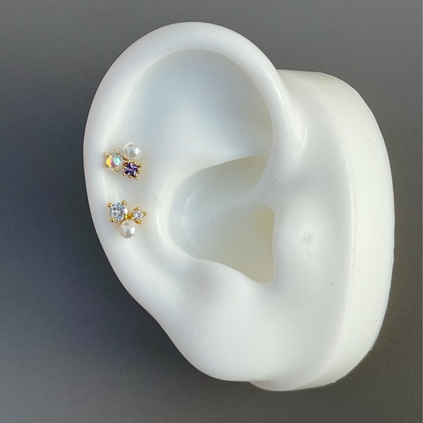 Three Mix CZ Pearl Piercing(Single), 16g Cartilage Tragus Conch Helix piercing