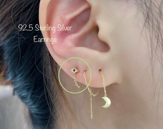 Evil eye chain hoop earring (Single or Pair), Evil Eye earring 925 Sterling Silver Hypoallergenic Nickel Free
