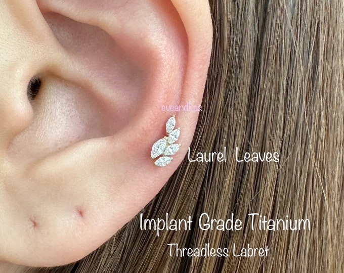 20g 18g 16g  Laurel Leaves Oval CZ Push In Titanium Labret, Titanium 6AL-4V-ELI-ASTM-F136