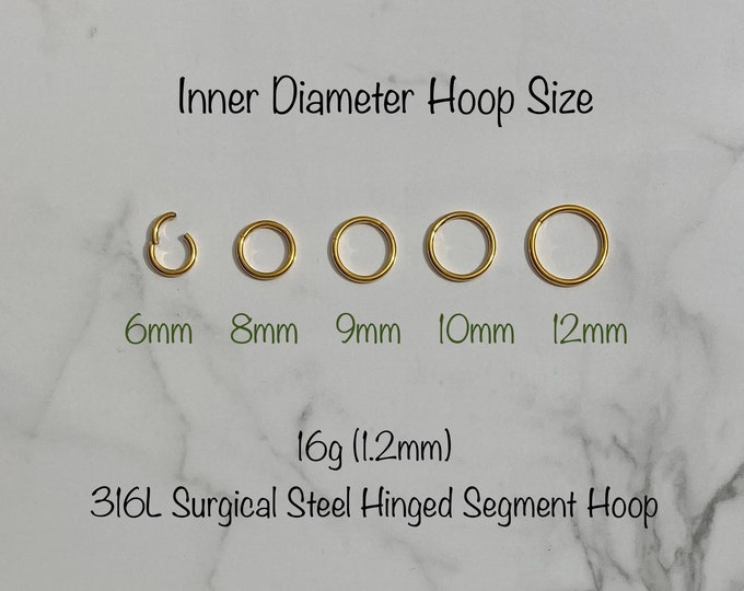 16g Tiny Hoop, Gold Cartilage Clicker Hoop (Single), 6mm/8mm/9mm/10mm/12mm Seamless Hinged Clicker, 316L SS, Segment Ring, Helix Hoop