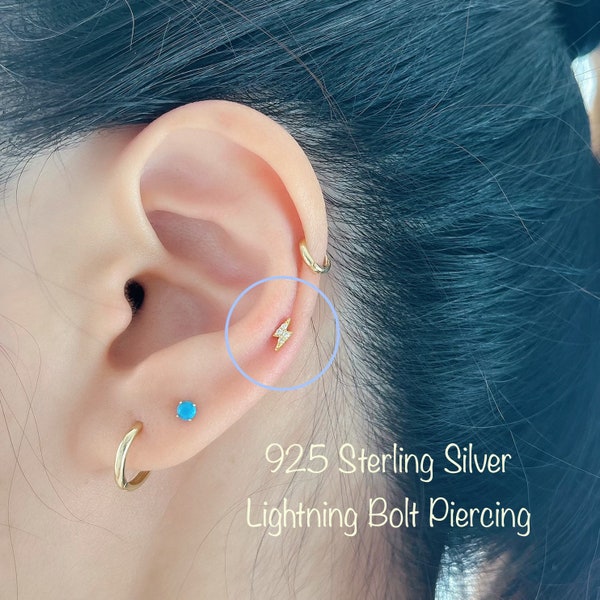 18g Tiny CZ lightning bolt piercing (Single), 92.5 Sterling Silver - Hypoallergenic Nickel Free, Cartilage Helix Conch Tragus