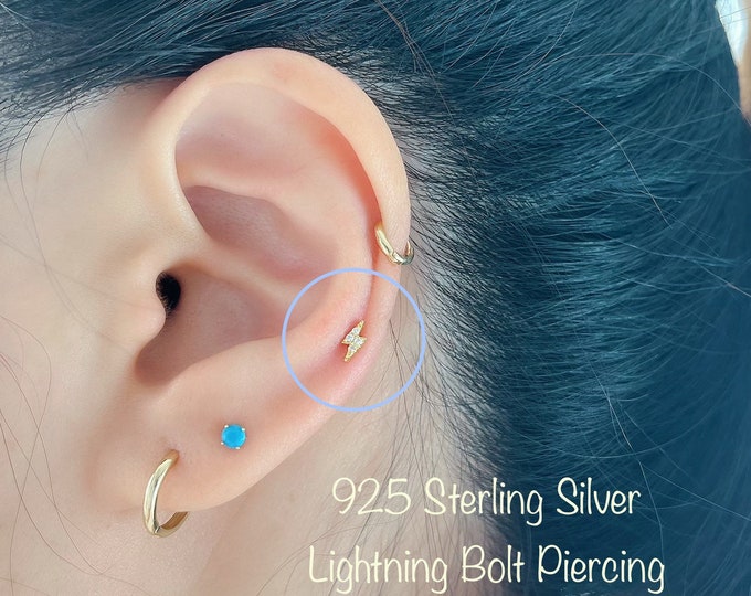 18g Tiny CZ lightning bolt piercing (Single), 92.5 Sterling Silver - Hypoallergenic Nickel Free, Cartilage Helix Conch Tragus