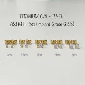 May include: Gold-colored stud earrings with clear, round cubic zirconia stones. Sizes range from 2mm to 5mm. The text on the image reads "TITANIUM 6AL-4V-ELI ASTM F-136 (Implant Grade G23)".