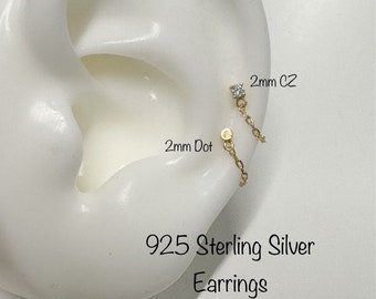 Tiny 2mm Dot/CZ with chain hoop earring (Single or Pair), 14k gold plated 925 Sterling Silver Hypoallergenic Nickel Free