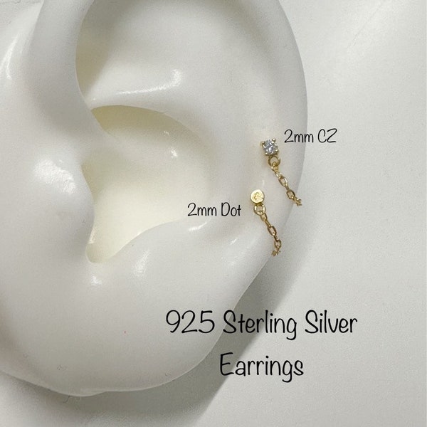 Tiny 2mm Dot/CZ with chain hoop earring (Single or Pair), 14k gold plated 925 Sterling Silver Hypoallergenic Nickel Free