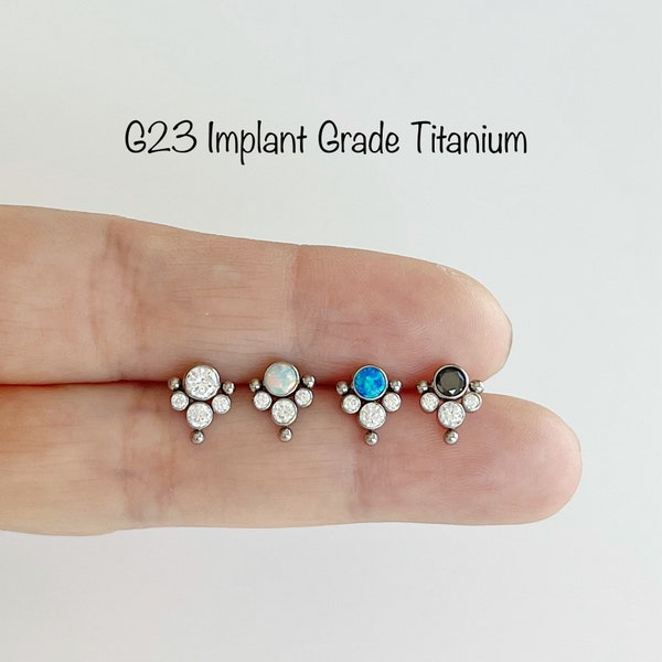 20g 18g 16g Top Opal or CZ Center with 3 CZ and Ball Edge push-in Labret, Grade23 Implant Grade Titanium