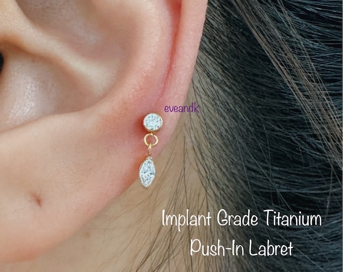 20g 18g 16g  Marquise CZ Dangle Push In Titanium Labret, ASTM F-136 Implant Grade Titanium Nickel Free Hypoallergenic