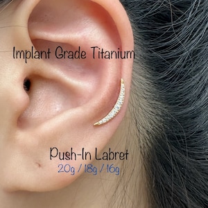20g 18g 16g Long Crescent Moon with Pave Top Push In Titanium Labret, ASTM F-136 Implant Grade Titanium Nickel Free Hypoallergenic