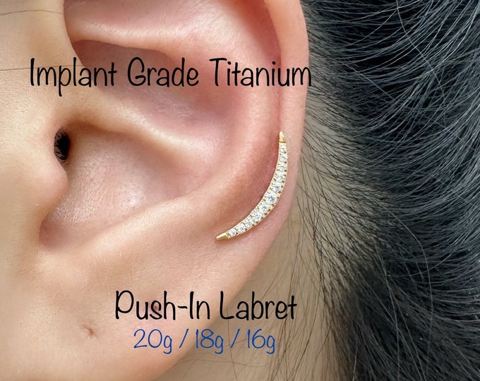 20g 18g 16g Long Crescent Moon with Pave Top Push In Titanium Labret, ASTM F-136 Implant Grade Titanium Nickel Free Hypoallergenic