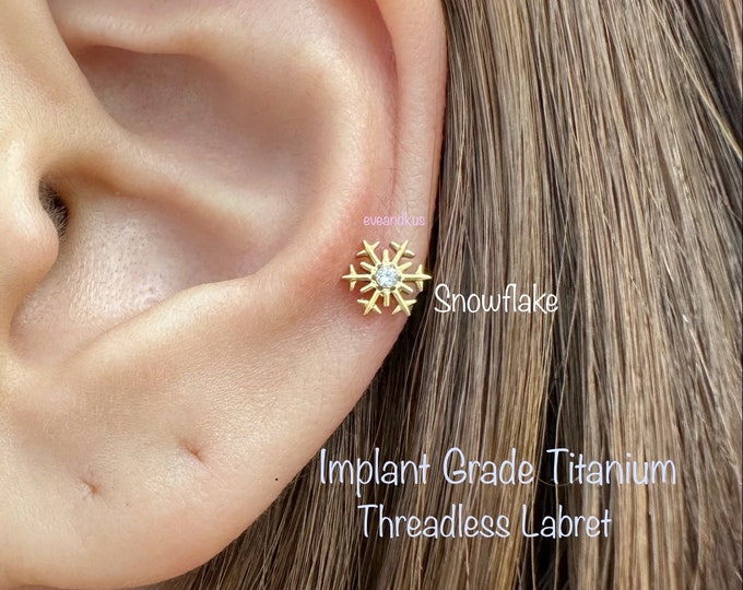 20g 18g 16g  Snowflake CZ Push In Titanium Labret,  Implant Grade Titanium Nickel Free Hypoallergenic