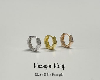 Hexagon Plain Huggie Hoop Earring, 3mm Chunky Hexagon Hoop 14k Gold/Rosegold/White PLT 925 Sterling Silver/Nickel Free