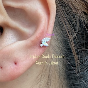 20g 18g 16g  Double Marquise and Round CZ Top Push In Titanium Labret, Implant Grade Titanium Nickel Free Hypoallergenic