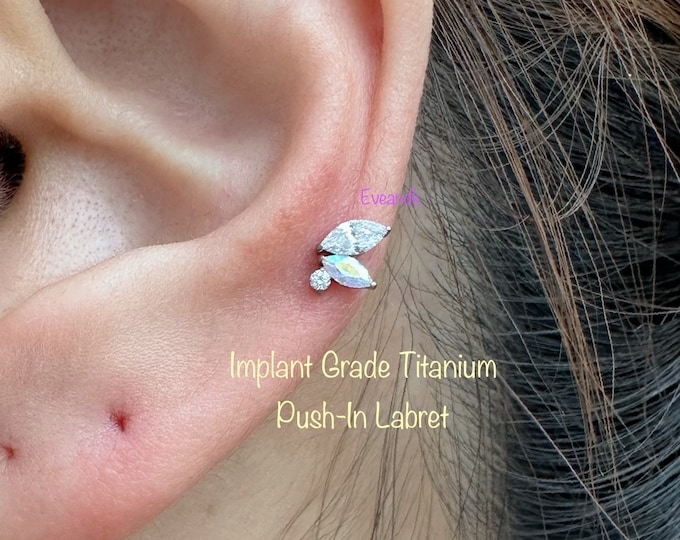 20g 18g 16g  Double Marquise and Round CZ Top Push In Titanium Labret, Implant Grade Titanium Nickel Free Hypoallergenic
