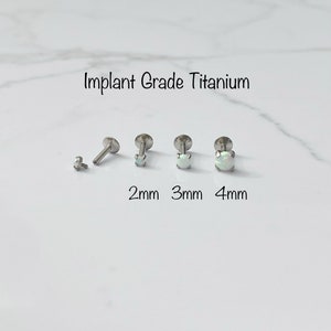 16g White Opal Silver, 2mm/3mm/4mm Internally Threaded Labret/Monroe with White OpalTitanium 6AL-4V-ELI-ASTM-F136