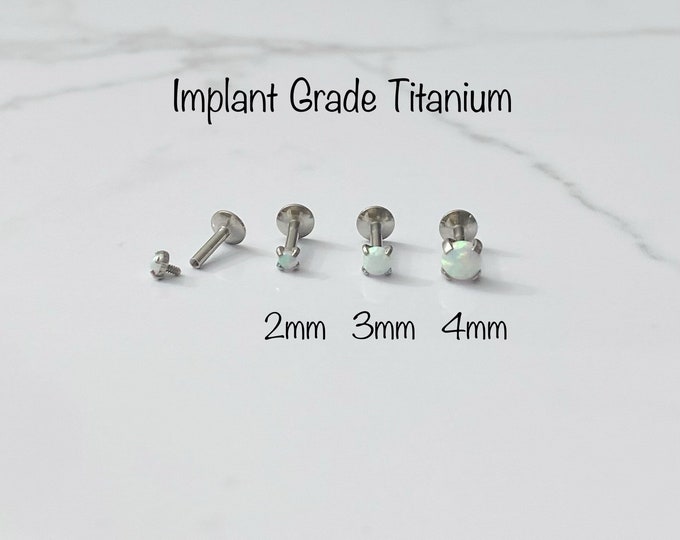 16g White Opal Silver, 2mm/3mm/4mm Internally Threaded Labret/Monroe with White OpalTitanium 6AL-4V-ELI-ASTM-F136
