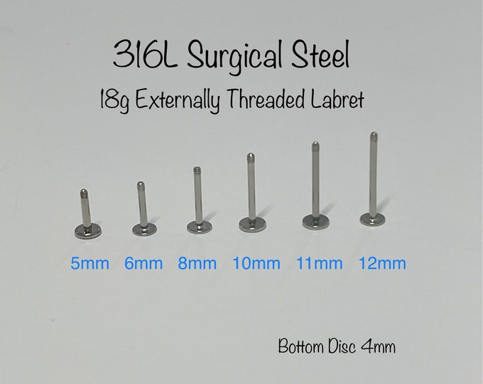 18g Externally Threaded Labret Replacement Parts, 316L Surgical Steel 5mm/6mm/8mm/10mm/11mm/12mm labret