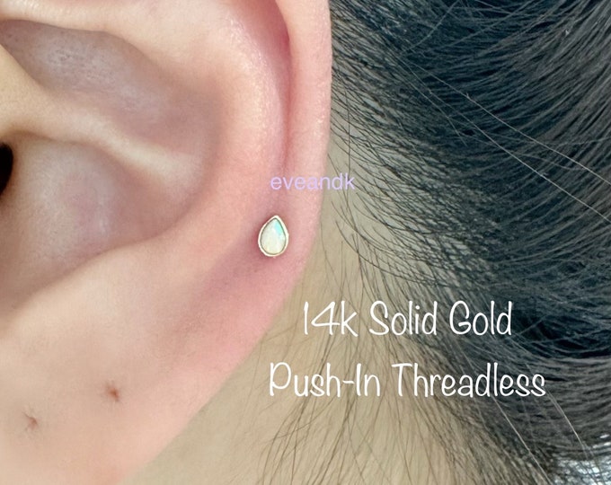 14k Solid Gold Tiny Teardrop Opal Push In Threadless Labret, Teeny Tiny Teardrop White/Sleepy Lavender/Blue Opal Nose Helix Cartilage Tragus