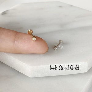 16g 14k Solid gold CZ Ball Labret, Cartilage, Lip, Helix, Tragus, Conch piercing