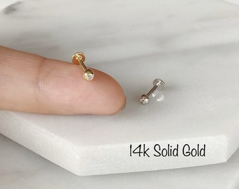 16g 14k Solid gold CZ Ball Labret, Cartilage, Lip, Helix, Tragus, Conch piercing