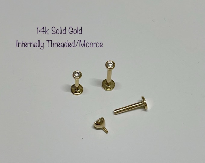 16g 14k Solid gold 2.5mm/3mm CZ Bezel Internally Threaded Monroe Labret, 14k Solid Gold Labret, Cartilage Tragus Helix Conch Lip